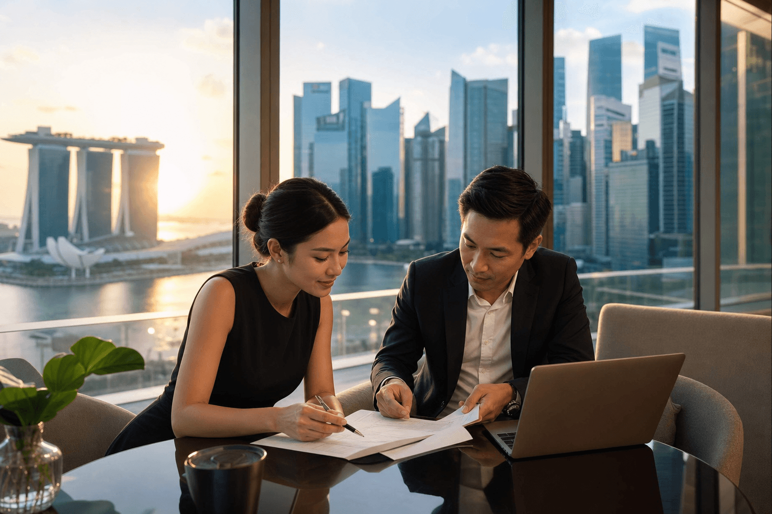 B2B travel partners planning Singapore itineraries with city skyline view